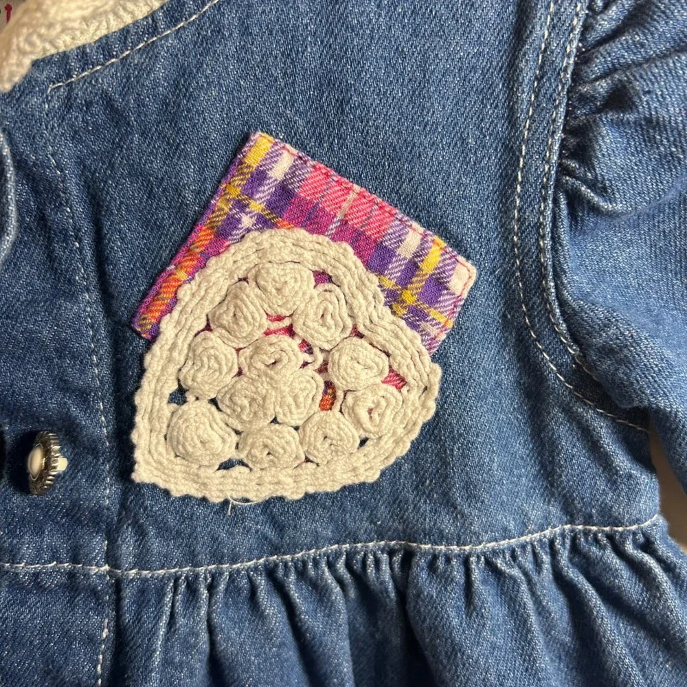 Vintage Small Steps Denim Dress Girls 18 Months Crochet Collar‎ Ruffle 1980 Baby